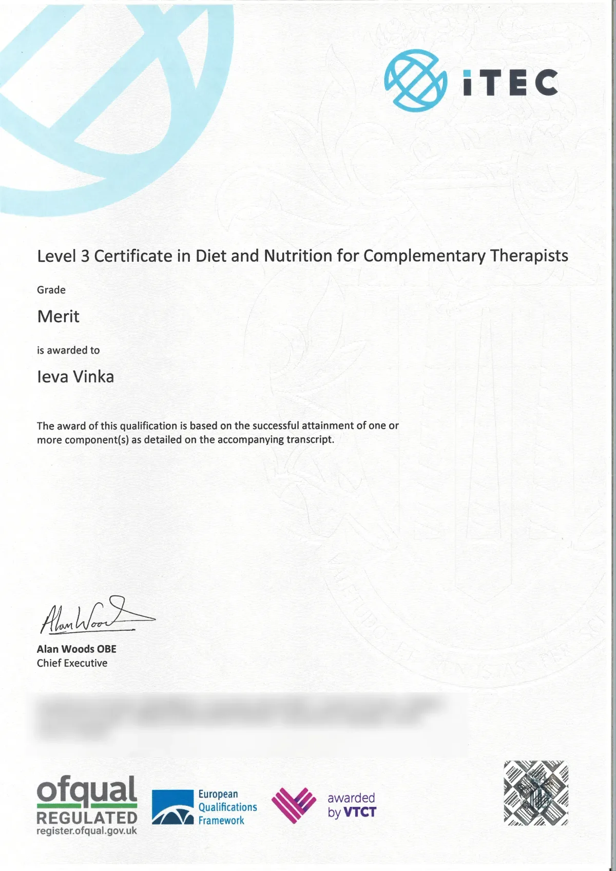 ITEC sertifikāts — Level 3 Certificate in Diet and Nutrition for Complementary Therapists ar novērtējumu Merit, izsniegts Ievai Vinkai 2022. gadā, Ofqual regulēta kvalifikācija