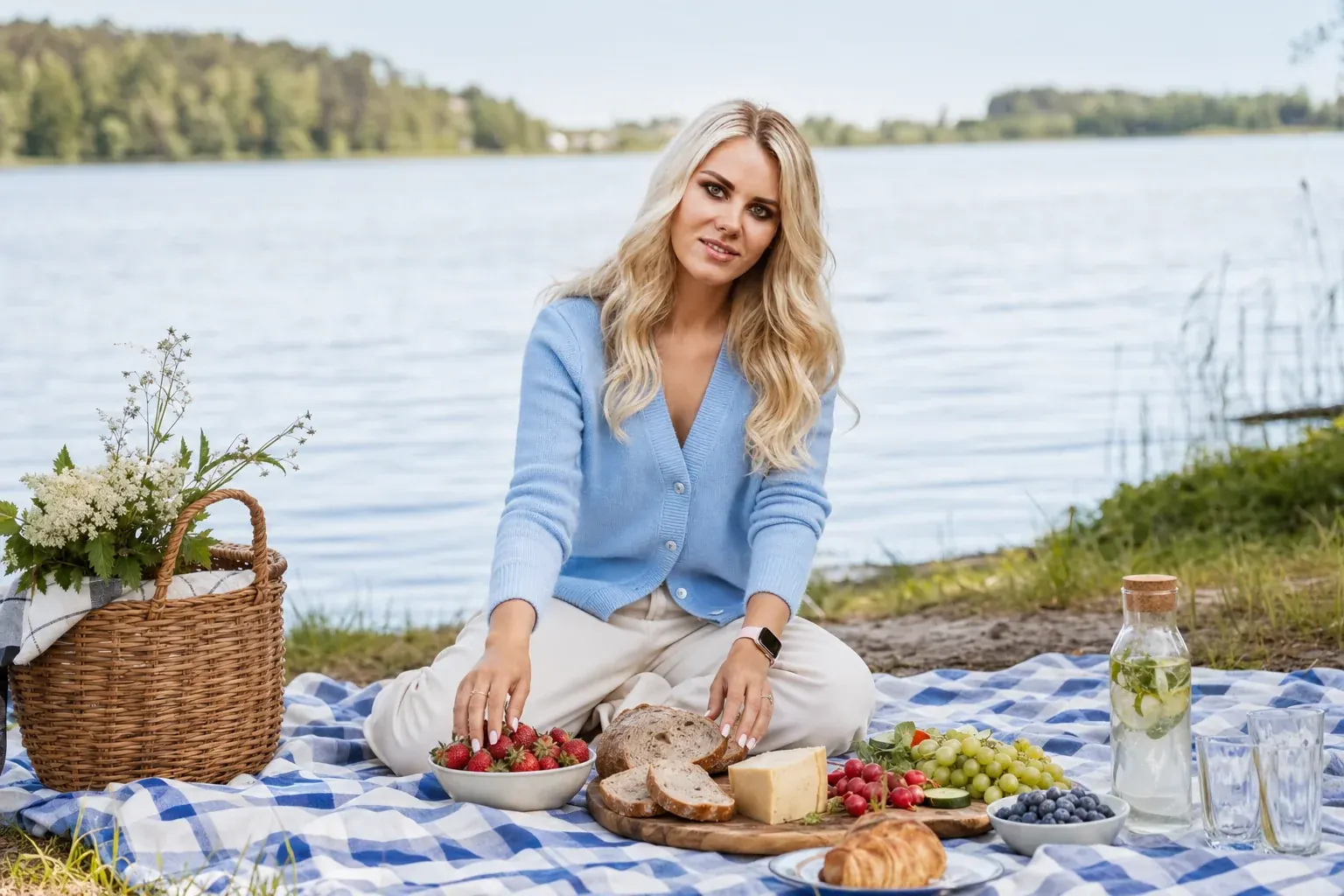 Ieva Jēkabsone piknikā pie ezera — uztura konsultante, kas atbild personīgi katram, kurš uzraksta