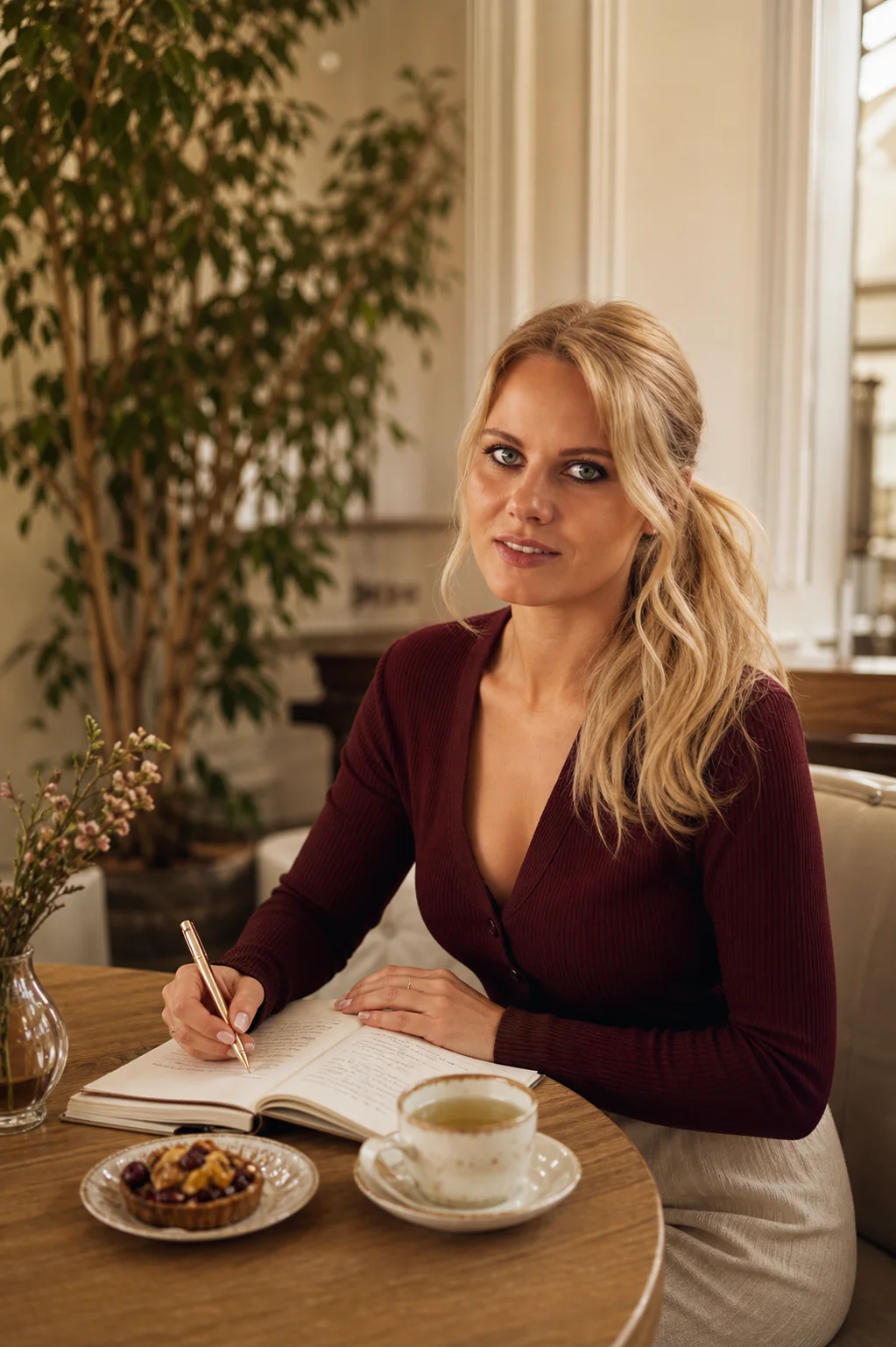 Ieva Jēkabsone pie galda kafejnīcā raksta piezīmes blociņā — uztura pamati Uztura ABC sadaļā