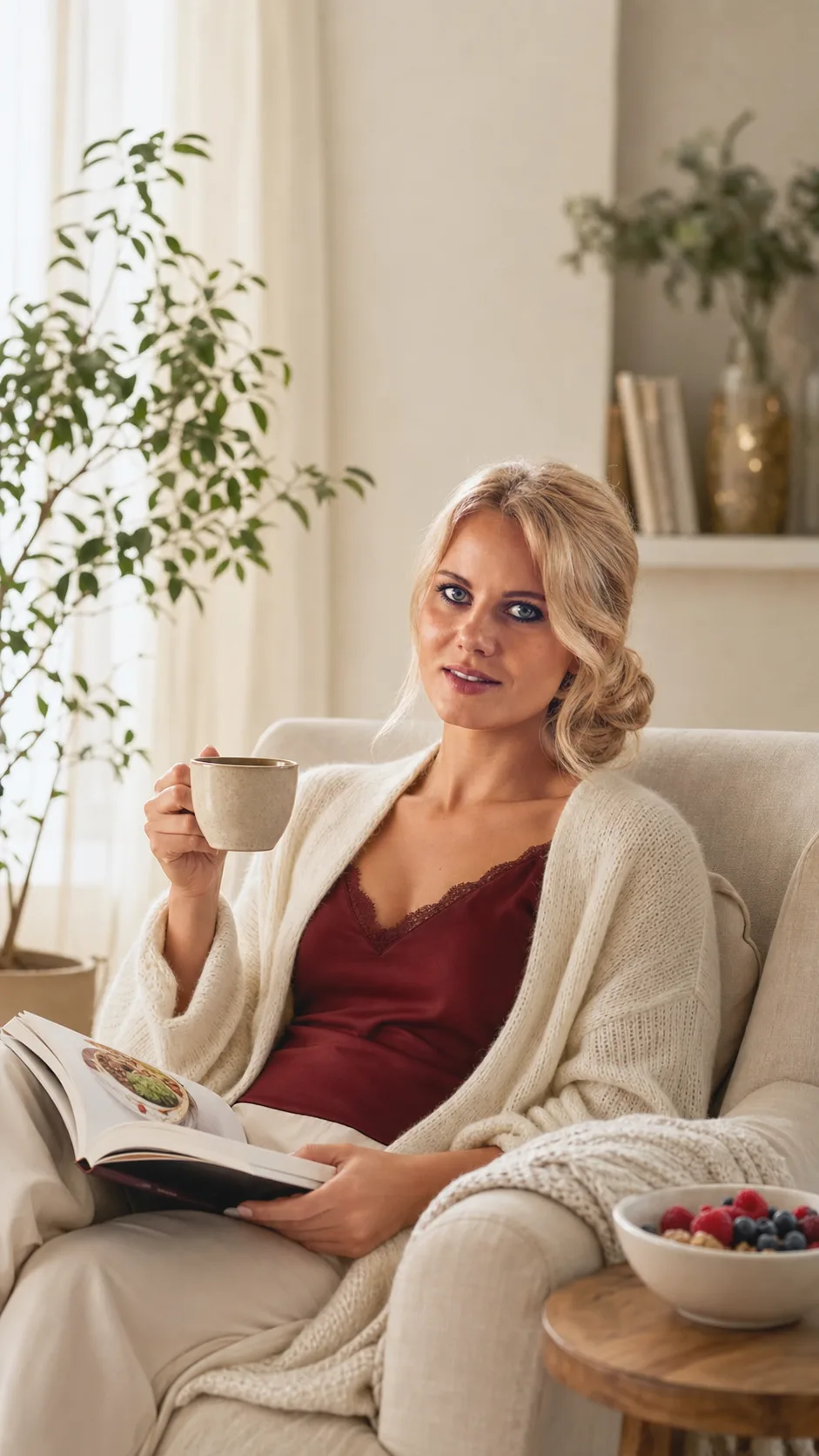 Ieva Jēkabsone lasa krēslā ar tējas krūzi un ogu bļodiņu — 90 dienu programma, kurā uztura sistēma tiek veidota pakāpeniski trīs mēnešos