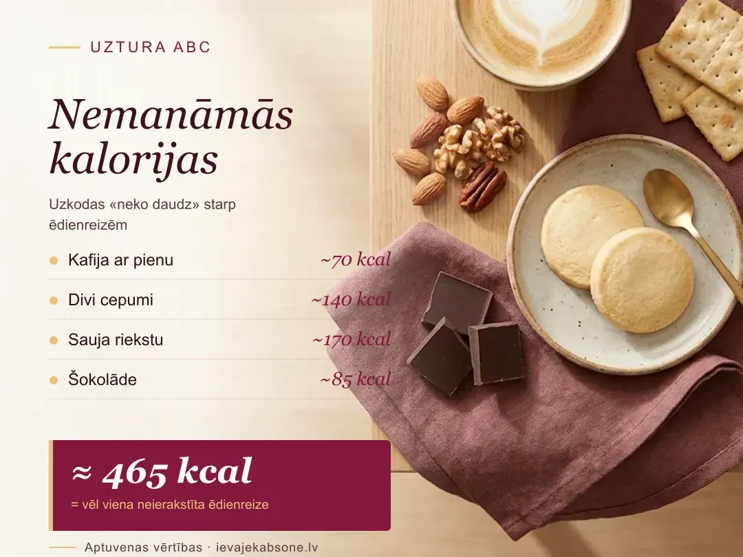 Infografika 'Nemanāmās kalorijas': flat-lay foto ar kafiju ar pienu (~70 kcal), diviem cepumiem (~140 kcal), sauju riekstu (~170 kcal) un šokolādi (~85 kcal) — kopā aptuveni 465 kcal jeb vēl viena neierakstīta ēdienreize dienā no uzkodām starp maltītēm. Autore: Ieva Jēkabsone, uztura konsultante — ievajekabsone.lv