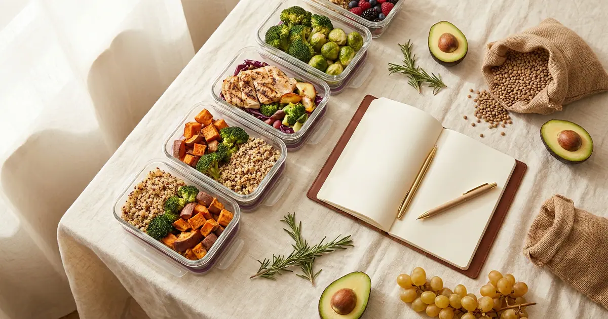 Nedēļas ēdienkartes plānošana — meal-prep trauciņi ar sabalansētām maltītēm, piezīmju burtnīca un svaiga pārtika