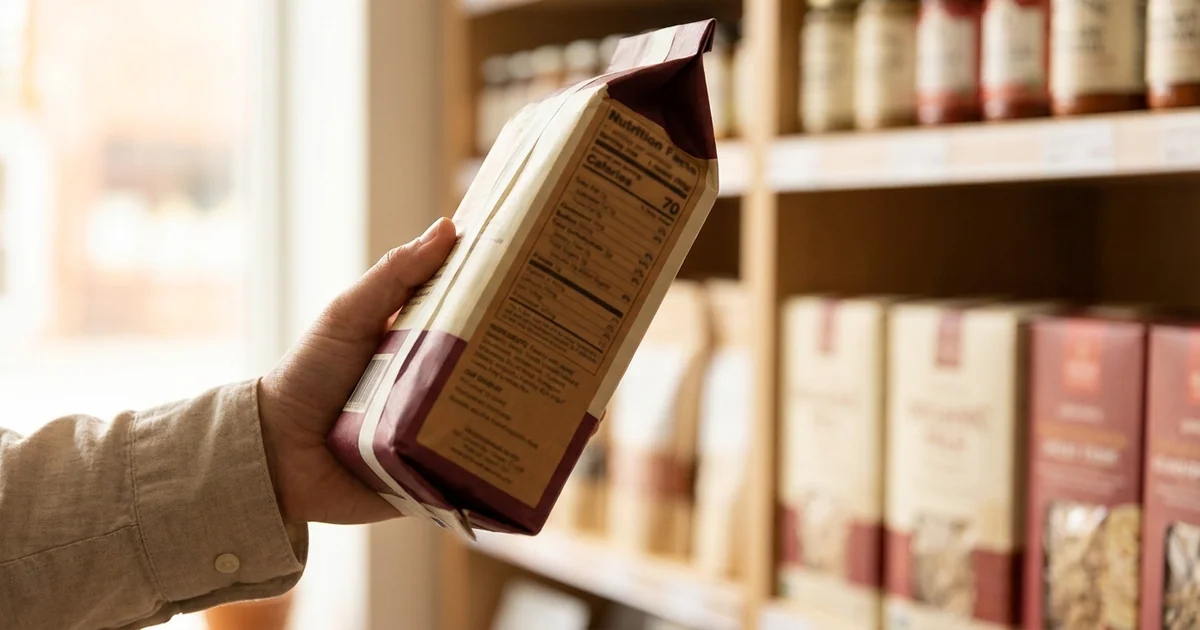 Roka veikalā tur produktu un lasa uzturvērtības tabulu uz iepakojuma etiķetes